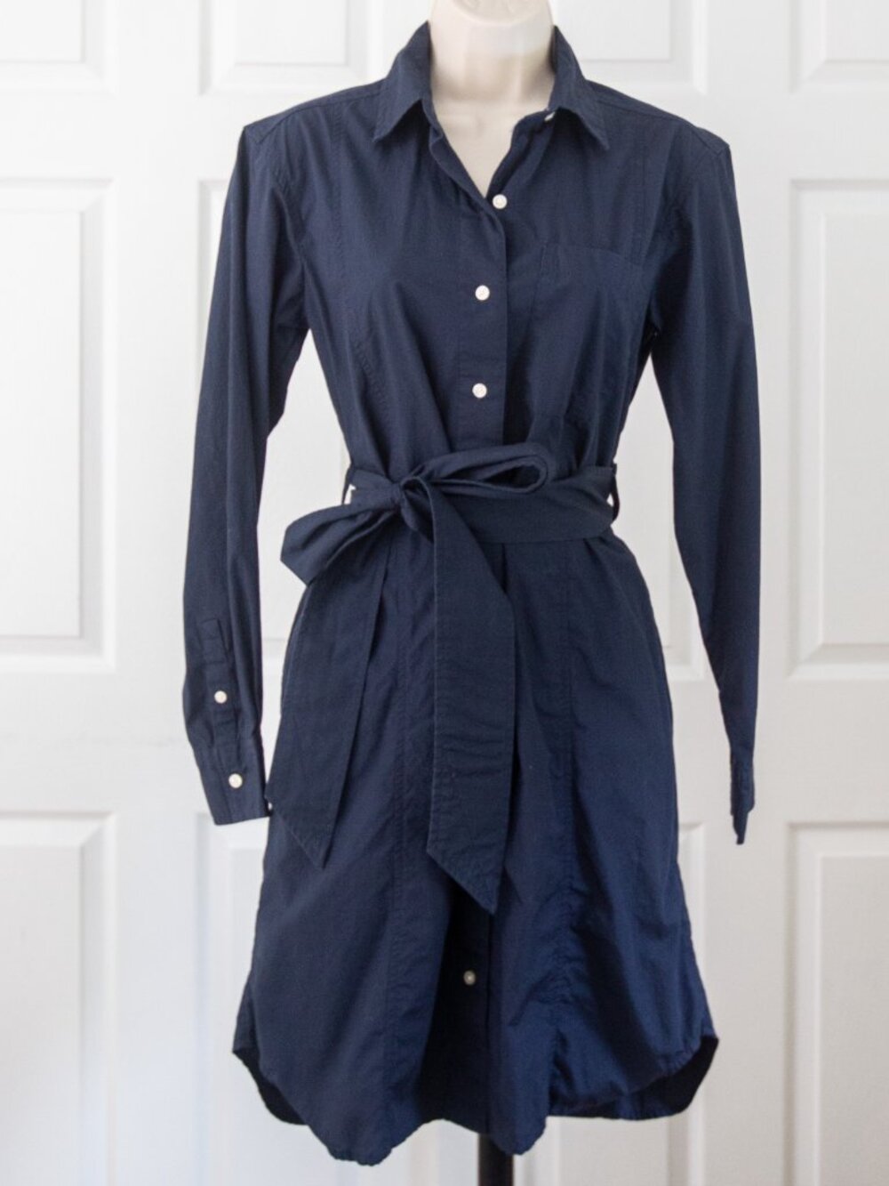 Navy Button-Front Shirt Dress with Tie Waist
